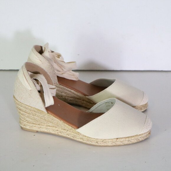Barbour Candice Espadrille Wedges Womens 6 Beige Canvas Sandals Close Toe Shoes - Picture 1 of 11